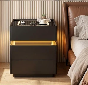 LED Nightstand with Glass Top 2 Drawers Smart Bedside Table High Gloss Design, Black, LED and Plywood LED Nightstand with Glass Top 2 Drawers Smart Bedside Table High Gloss Design, Black, LED and Plywood