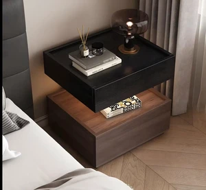 Two Tier Bedside Table with Drawer Tray Top Nightstand Storage Bedside Cabinet, Walnut Black, Solid Wood Two Tier Bedside Table with Drawer Tray Top Nightstand Storage Bedside Cabinet, Walnut Black, Solid Wood