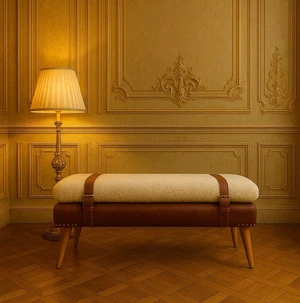 Solid Boucle, Leather Upholstered Bench, Brown, Solid Wood, Benches Solid Boucle, Leather Upholstered Bench, Brown, Solid Wood, Benches