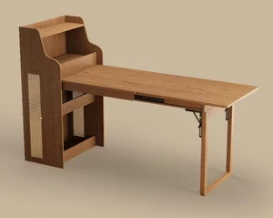 69 Inch Rattan Cabinet Murphy Dining Table Set with USB Charging, Walnut, Wood 69 Inch Rattan Cabinet Murphy Dining Table Set with USB Charging, Walnut, Wood