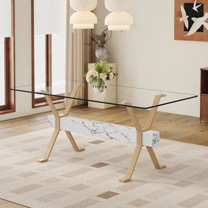 Tempered Glass Dining Table Inchx35.4 Inch Large Table with Shaped Color Metal Legs and MDF Crossbars, Suitable Tempered Glass Dining Table Inchx35.4 Inch Large Table with Shaped Color Metal Legs and MDF Crossbars, Suitable