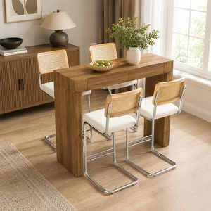 4 Piece Set Leather Bar Chair Combination, Paired with Wood Grain Bar Table with Storage Function Suitable 4 Piece Set Leather Bar Chair Combination, Paired with Wood Grain Bar Table with Storage Function Suitable
