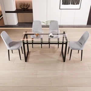 Person Glass Dining Table Set, Kitchen Set with Black Metal Leg Dining Table and Chairs Rectangular Tempered Glass Person Glass Dining Table Set, Kitchen Set with Black Metal Leg Dining Table and Chairs Rectangular Tempered Glass