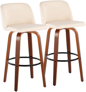 30 Inch Mid Century Fixed Height Barstool with Swivel in and Faux Leather with Round Black Metal Footrest Set, Cream 30 Inch Mid Century Fixed Height Barstool with Swivel in and Faux Leather with Round Black Metal Footrest Set, Cream