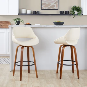 30 Inch Mid Century Fixed Height Barstool with Swivel in and Faux Leather with Round Black Metal Footrest Set, Cream 30 Inch Mid Century Fixed Height Barstool with Swivel in and Faux Leather with Round Black Metal Footrest Set, Cream