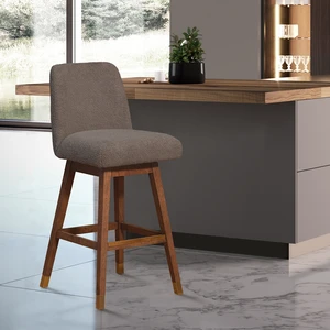 Amelia Swivel Bar Stool in Wood Finish with Boucle Fabric, Brown, Seating for Dining Amelia Swivel Bar Stool in Wood Finish with Boucle Fabric, Brown, Seating for Dining
