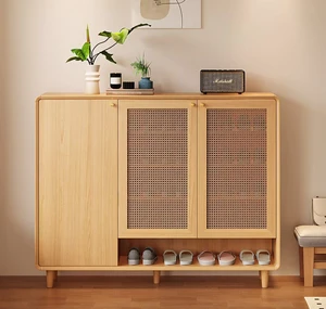 Mid-Century Rattan Shoe Cabinet with 2 Doors Entryway Storage Organizer with Open Shelf, Natural, Plywood Mid-Century Rattan Shoe Cabinet with 2 Doors Entryway Storage Organizer with Open Shelf, Natural, Plywood