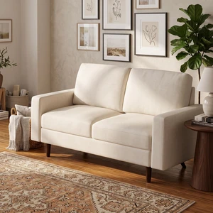 2 Seat Loveseat Sofa, Polyester Fabric Couch with Accent Pillows Loose Back Cushion for Small Space Living, Beige 2 Seat Loveseat Sofa, Polyester Fabric Couch with Accent Pillows Loose Back Cushion for Small Space Living, Beige