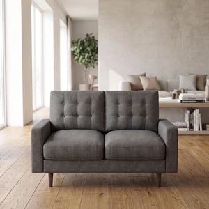 Mid-Century Loveseat Sofa, Tufted Back Polyester Upholstered 2 Seat Couch with Solid Wood Legs for Small Spaces, Grey Mid-Century Loveseat Sofa, Tufted Back Polyester Upholstered 2 Seat Couch with Solid Wood Legs for Small Spaces, Grey