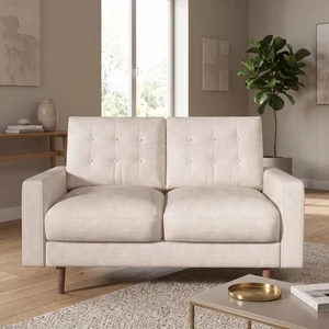 Mid-Century Loveseat Sofa, Tufted Back Polyester Upholstered 2 Seat Couch with Solid Wood Legs for Small Spaces, Beige Mid-Century Loveseat Sofa, Tufted Back Polyester Upholstered 2 Seat Couch with Solid Wood Legs for Small Spaces, Beige