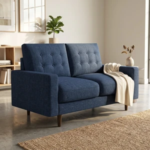 Mid-Century Loveseat Sofa, Tufted Back Polyester Upholstered 2 Seat Couch with Solid Wood Legs for Small Spaces, Dark Mid-Century Loveseat Sofa, Tufted Back Polyester Upholstered 2 Seat Couch with Solid Wood Legs for Small Spaces, Dark