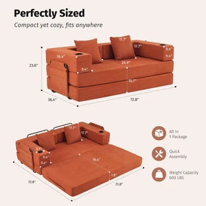 Modular Convertible Sofa Bed with Built in Cup Holders, Heavy Duty Iron Frame Corduroy Fabric Stackable Space Saving Modular Convertible Sofa Bed with Built in Cup Holders, Heavy Duty Iron Frame Corduroy Fabric Stackable Space Saving