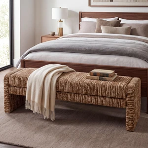 Striped Wraparound Upholstered Ottoman 62 Inch, Decorative Fabric Accent Ottoman for Entryway Easy Assembly, Brown Striped Wraparound Upholstered Ottoman 62 Inch, Decorative Fabric Accent Ottoman for Entryway Easy Assembly, Brown