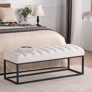 Metal Base Upholstered Bench for Entryway, White, Velvet, Ottomans Metal Base Upholstered Bench for Entryway, White, Velvet, Ottomans
