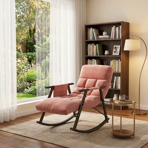 Folding Upholstered Rocking Chair, Adjustable High-Back Lounge Rocker with Footrest and Side Pockets for Living, Pink Folding Upholstered Rocking Chair, Adjustable High-Back Lounge Rocker with Footrest and Side Pockets for Living, Pink