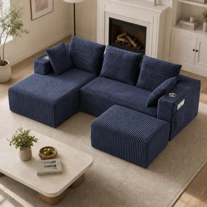 Inchmodular Combination Sofa with L-Shaped Lounge Chair, Four Seater Design with Footrest, Blue, Fabric, Sectionals Inchmodular Combination Sofa with L-Shaped Lounge Chair, Four Seater Design with Footrest, Blue, Fabric, Sectionals