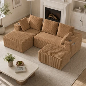 Inchmodular Combination Sofa with L-Shaped Lounge Chair, Four Seater Design with Footrest, Brown, Fabric, Sectionals Inchmodular Combination Sofa with L-Shaped Lounge Chair, Four Seater Design with Footrest, Brown, Fabric, Sectionals