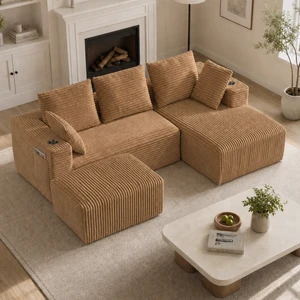 Inchmodular Combination Sofa with L-Shaped Lounge Chair, Four Seater Design with Footrest, Brown, Fabric, Sectionals Inchmodular Combination Sofa with L-Shaped Lounge Chair, Four Seater Design with Footrest, Brown, Fabric, Sectionals