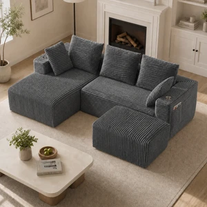 Inchmodular Combination Sofa with L-Shaped Lounge Chair, Four Seater Design with Footrest, Gray, Fabric, Sectionals Inchmodular Combination Sofa with L-Shaped Lounge Chair, Four Seater Design with Footrest, Gray, Fabric, Sectionals