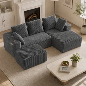 Inchmodular Combination Sofa with L-Shaped Lounge Chair, Four Seater Design with Footrest, Gray, Fabric, Sectionals Inchmodular Combination Sofa with L-Shaped Lounge Chair, Four Seater Design with Footrest, Gray, Fabric, Sectionals