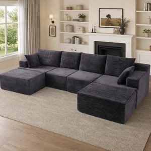 131 Inch Cloud Sofa with Ottoman, Grey, Corduroy, Sectionals 131 Inch Cloud Sofa with Ottoman, Grey, Corduroy, Sectionals