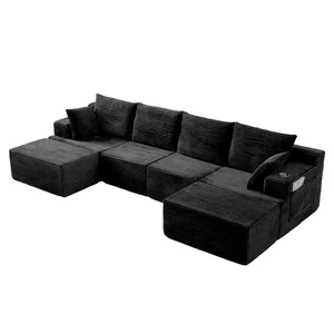 131 Inch Cloud Sofa with Ottoman, Black, Corduroy, Sectionals 131 Inch Cloud Sofa with Ottoman, Black, Corduroy, Sectionals