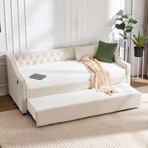 Twin Size Upholstered Daybed with Trundle, USB Port Side Pockets Velvet Daybed with Button Back and Piping Waved Shape Twin Size Upholstered Daybed with Trundle, USB Port Side Pockets Velvet Daybed with Button Back and Piping Waved Shape