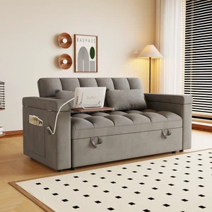 65 Inch Foldable Large Size Sofa Bed with Table Board and Uab, Armrests with Storage Function Velvet Double Sofa Bed