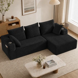Inchmodular Combination Sofa with L-Shaped Lounge Chair, Four Seater Design, Black, Fabric Inchmodular Combination Sofa with L-Shaped Lounge Chair, Four Seater Design, Black, Fabric