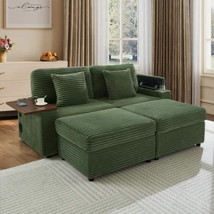 Double Chaise Lounge with Two Storage Ottomans, Corduroy Sofa with Cup Holders USB Port Storage Space and Bluetooth Double Chaise Lounge with Two Storage Ottomans, Corduroy Sofa with Cup Holders USB Port Storage Space and Bluetooth