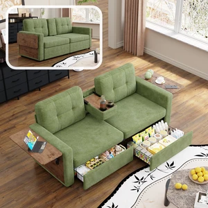 Loveseat Sofa for Living, Chenille Fabric Couch with Pull-Out Storage Drawers Foldable Side Tables Cup Holder Console Loveseat Sofa for Living, Chenille Fabric Couch with Pull-Out Storage Drawers Foldable Side Tables Cup Holder Console