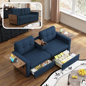 Loveseat Sofa for Living, Chenille Fabric Couch with Pull-Out Storage Drawers Foldable Side Tables Cup Holder Console Loveseat Sofa for Living, Chenille Fabric Couch with Pull-Out Storage Drawers Foldable Side Tables Cup Holder Console