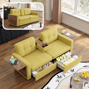 Loveseat Sofa for Living, Chenille Fabric Couch with Pull-Out Storage Drawers Foldable Side Tables Cup Holder Console Loveseat Sofa for Living, Chenille Fabric Couch with Pull-Out Storage Drawers Foldable Side Tables Cup Holder Console