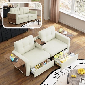 Loveseat Sofa for Living, Chenille Fabric Couch with Pull-Out Storage Drawers Foldable Side Tables Cup Holder Console Loveseat Sofa for Living, Chenille Fabric Couch with Pull-Out Storage Drawers Foldable Side Tables Cup Holder Console