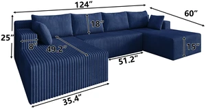 Modular Sectional Sleeper Sofa, Corduroy Cloud Couch for Living Assembly Required, Blue, Foam Modular Sectional Sleeper Sofa, Corduroy Cloud Couch for Living Assembly Required, Blue, Foam