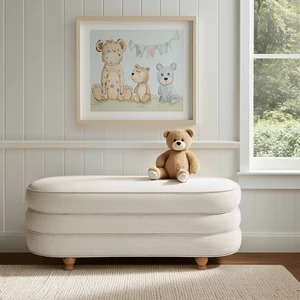 One Size Oval Channel Storage Bench with Wooden Ball Feet, Cream, Storage Benches One Size Oval Channel Storage Bench with Wooden Ball Feet, Cream, Storage Benches