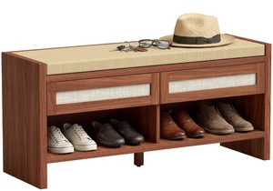 Shoe Bench with Rattan Drawers, Shoe Storage Bench with Linen Cushioned Seat and Open Shelf for Entryway Living 42.5 Shoe Bench with Rattan Drawers, Shoe Storage Bench with Linen Cushioned Seat and Open Shelf for Entryway Living 42.5
