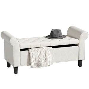 47 Inch Storage Ottoman Bench, Tufted Long Ottoman with Storage Chest Rolled Arms Safety Hinge Wooden Legs Upholstered 47 Inch Storage Ottoman Bench, Tufted Long Ottoman with Storage Chest Rolled Arms Safety Hinge Wooden Legs Upholstered