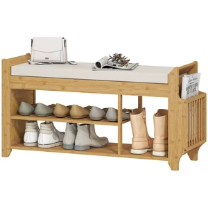 Shoe Bench with Cushioned Seat, 2 Tier Entryway Bench with Side Umbrella Holder Inchin Bamboo Shoe Rack for Living Shoe Bench with Cushioned Seat, 2 Tier Entryway Bench with Side Umbrella Holder Inchin Bamboo Shoe Rack for Living