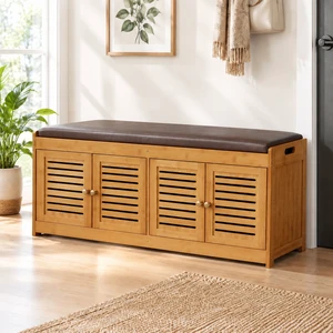 Bamboo Low Shoe Cabinet Low Profile Storage Cabinet, Shoe Storage Bench with Doors 46 Inch Changing Bench Entry Way Bamboo Low Shoe Cabinet Low Profile Storage Cabinet, Shoe Storage Bench with Doors 46 Inch Changing Bench Entry Way