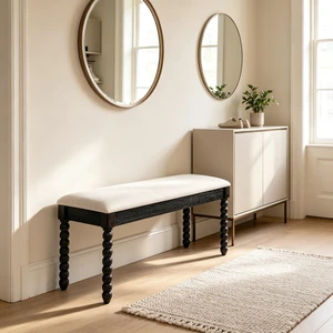Wooden Storage Bench with Soft Cushion Turned Spindle Legs, Black Finish Linen Upholstered Seat Mid-Century Wooden Storage Bench with Soft Cushion Turned Spindle Legs, Black Finish Linen Upholstered Seat Mid-Century