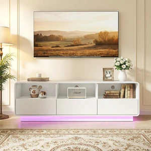Floating Bohemian TV Stand with Storage Drawers, 59 Inch Entertainment Center with LED Lights for Living, White Floating Bohemian TV Stand with Storage Drawers, 59 Inch Entertainment Center with LED Lights for Living, White