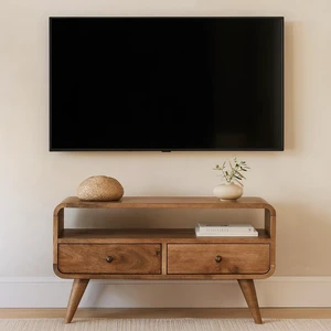 Solid Mini Curved Media Unit, 2 Drawers Open Slot Ish, Oak, Solid Wood, TV Entertainment Furniture Solid Mini Curved Media Unit, 2 Drawers Open Slot Ish, Oak, Solid Wood, TV Entertainment Furniture