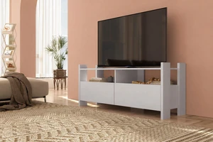 TV Stand for Tvs 55 Inch, Entertainment Center with Open Storage Shelves and Two Drawers, White, Melamine, TV TV Stand for Tvs 55 Inch, Entertainment Center with Open Storage Shelves and Two Drawers, White, Melamine, TV