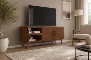 TV Stand for Tvs 60 Inches, Entertainment Center Two Doors and Two Open Shelves Caiena, Walnut, Melamine, TV TV Stand for Tvs 60 Inches, Entertainment Center Two Doors and Two Open Shelves Caiena, Walnut, Melamine, TV