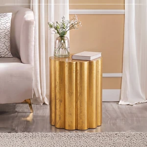 Oval Scalloped Cylindrical Form End Table, Side Table Made with Aluminum Sheet, Gold, Aluminium and Iron Oval Scalloped Cylindrical Form End Table, Side Table Made with Aluminum Sheet, Gold, Aluminium and Iron