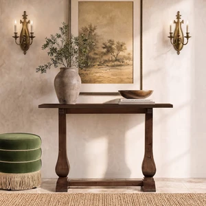 48 Inch Reclaimed Trestle Console Table, Dark Brown, Pine 48 Inch Reclaimed Trestle Console Table, Dark Brown, Pine