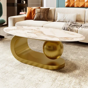Oval Coffee Table for Living, Pattern Sintered Stone Tabletop with Stainless Steel Base, White Gold, Metal and Stone Oval Coffee Table for Living, Pattern Sintered Stone Tabletop with Stainless Steel Base, White Gold, Metal and Stone