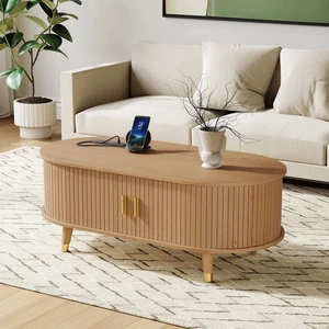 42.5 Inch Wooden Oval Fluted Coffee Table with Charging Station, Mid-Century Center Table with Sliding Tambour Door 42.5 Inch Wooden Oval Fluted Coffee Table with Charging Station, Mid-Century Center Table with Sliding Tambour Door