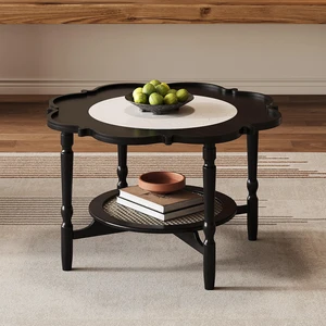 Mid-Century Coffee Table with Petal Shape and Crackle Pattern Glass, Tiered Coffee Table with Rattan, Black, Rubber Wood Mid-Century Coffee Table with Petal Shape and Crackle Pattern Glass, Tiered Coffee Table with Rattan, Black, Rubber Wood